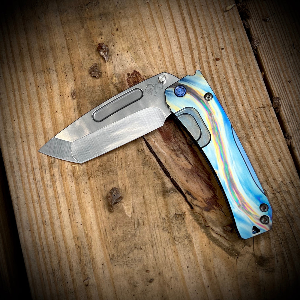 Medford Knife & Tool - Slim Midi - MagnaCut Tumbled Tanto  Blade, Faced/Flm "Wave" Handle  Blue w/Brsh Silver Flats Spring Blue HW/Clip