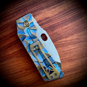Medford Knife & Tool TFF-1 Fat Daddy - S35VN Tumbled Blade Blue w/Bronze Flats Stained Glass Handle Bronze Hw Brsh/Brz Clip