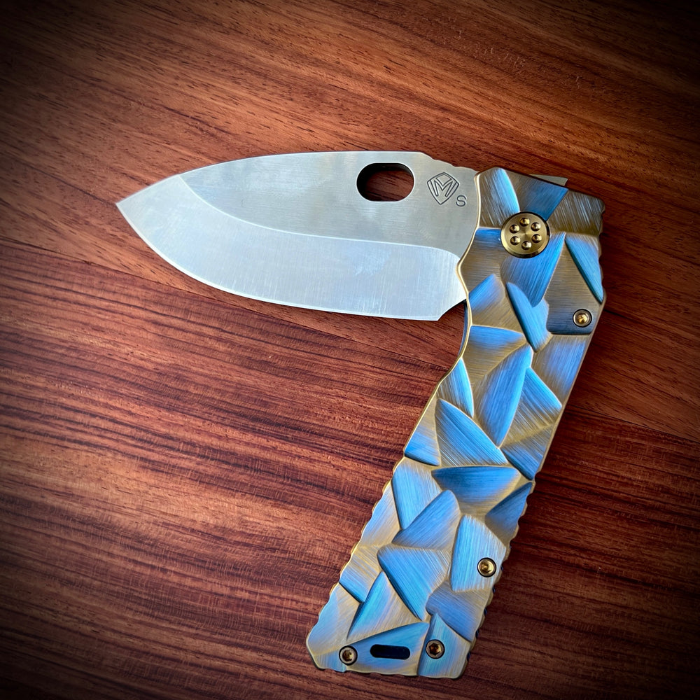 Medford Knife & Tool TFF-1 Fat Daddy - S35VN Tumbled Blade Blue w/Bronze Flats Stained Glass Handle Bronze Hw Brsh/Brz Clip