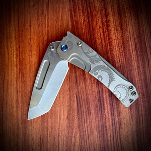 Medford Knife & Tool - Slim Midi - S35VN Tumbled Tanto Blade Tumbled Filigree Handles  Blue HW Brsh BlueClip