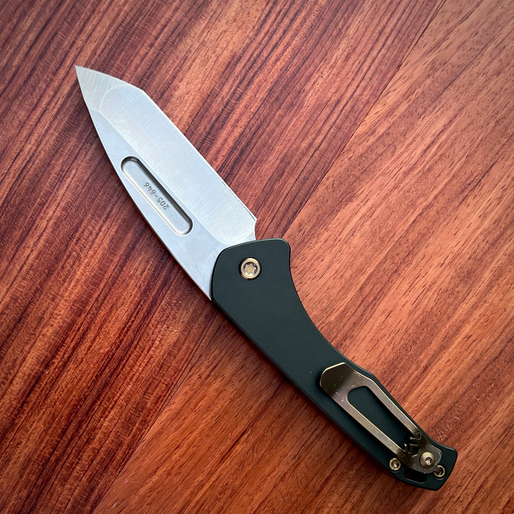 Medford Knife & Tool -Swift Auto - S35VN Tumbled Tanto Blade Green Handles Bronze HW/Clip