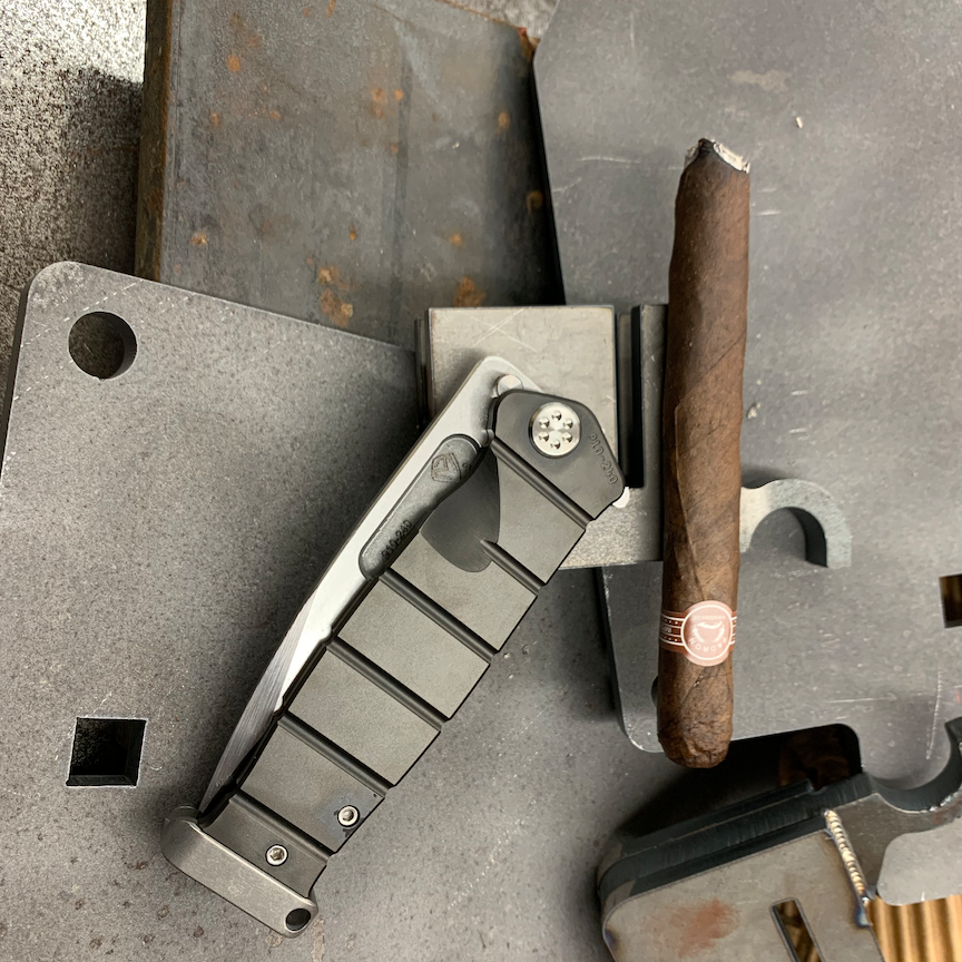 Medford USMC Fighter Flipper S35VN Blade Steel Tumbled Blade Finish Standard Grind PVD Handle PVD Lock Side  Standard Hardware PVD Clip Tumbled Pommel