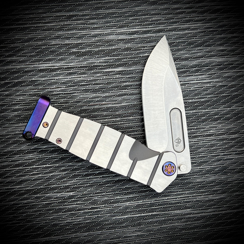 Medford USMC Fighter Flipper - S35VN Tumbled Blade BB/Blue w/Faced Silver Flats Handles Flm HW Brsh/ Blue Clip Brsh/Flm Pommel