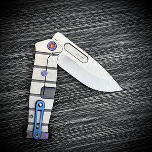Medford USMC Fighter Flipper - S35VN Tumbled Blade BB/Blue w/Faced Silver Flats Handles Flm HW Brsh/ Blue Clip Brsh/Flm Pommel