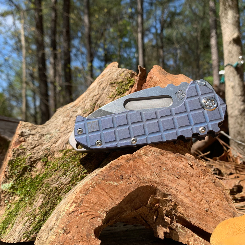 Medford Praetorian T S35VN Drop Point Two Toned Blue Tumbled Monkey Edge Frag Pattern