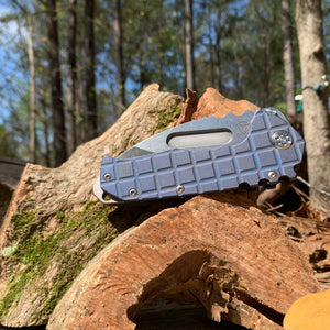 Medford Praetorian T S35VN Drop Point Two Toned Blue Tumbled Monkey Edge Frag Pattern