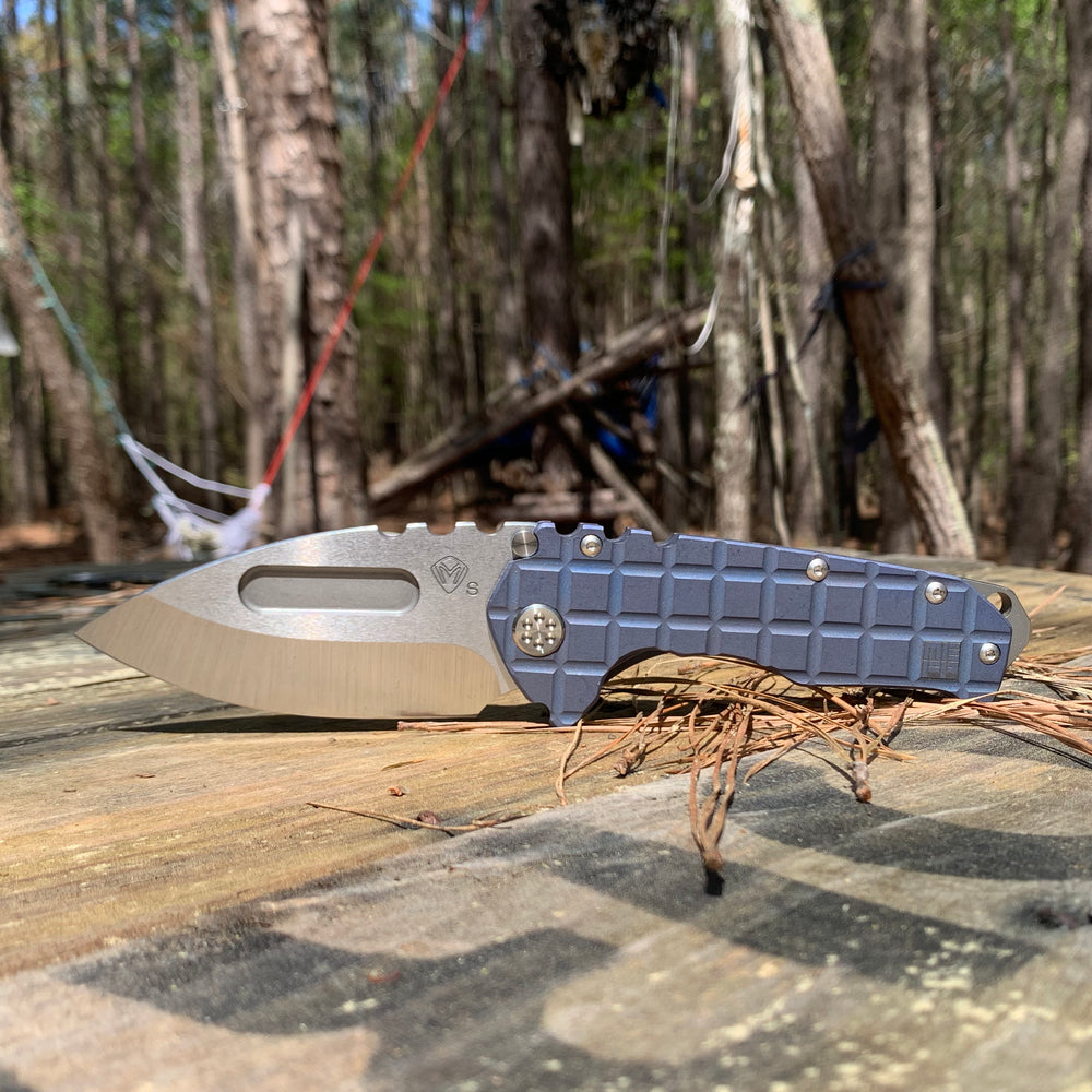 Medford Praetorian T S35VN Drop Point Two Toned Blue Tumbled Monkey Edge Frag Pattern