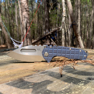 Medford Praetorian T S35VN Drop Point Two Toned Blue Tumbled Monkey Edge Frag Pattern