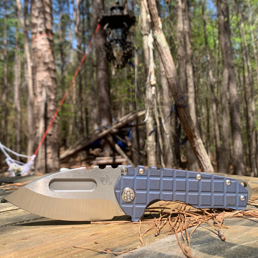Medford Praetorian T S35VN Drop Point Two Toned Blue Tumbled Monkey Edge Frag Pattern