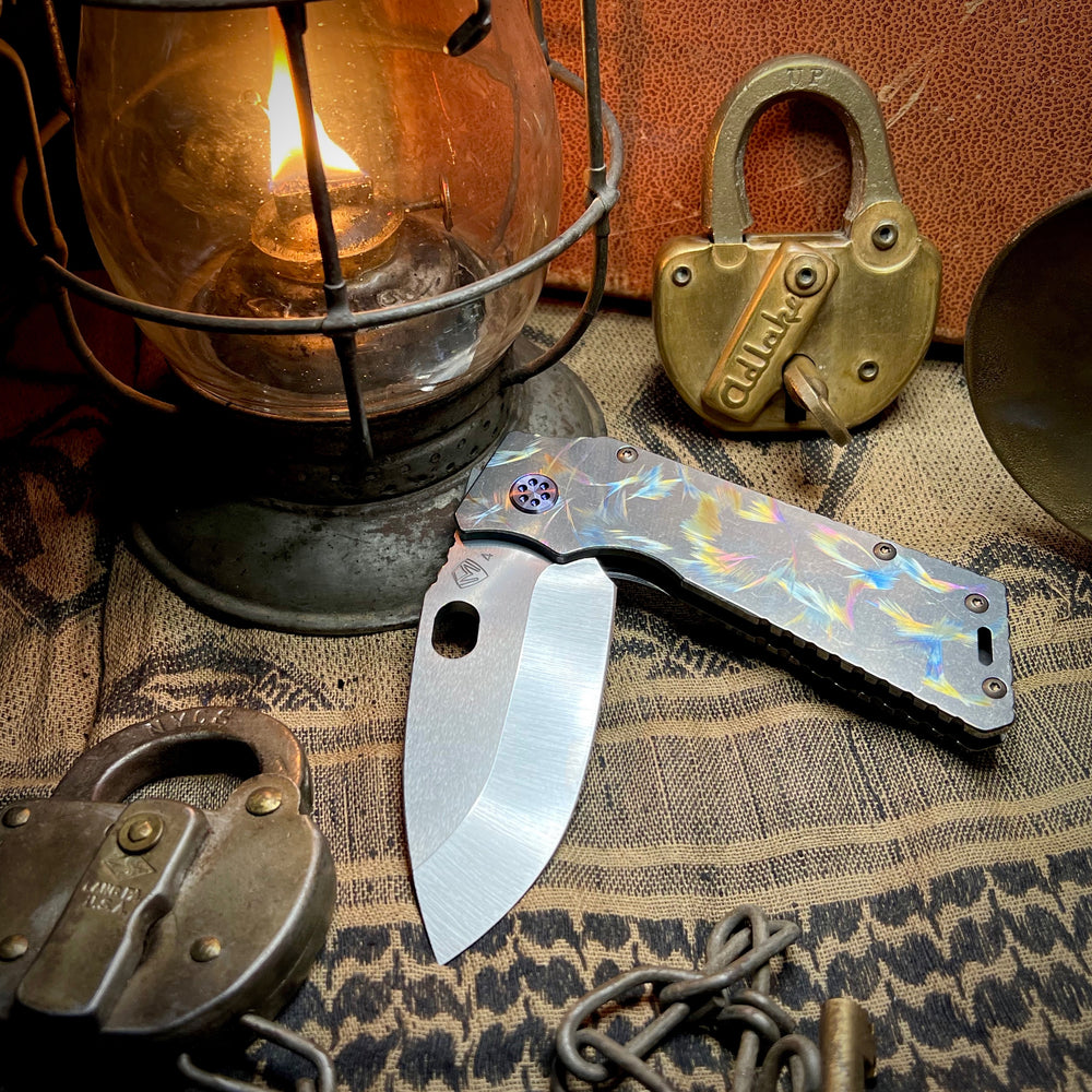 Medford Knife & Tool - TFF-1 - S45VN Tumbled Blade Tumbled Multi Color Bird of Paradise Handles Violet HW Clip