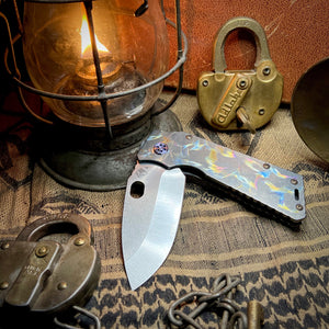 Medford Knife & Tool - TFF-1 - S45VN Tumbled Blade Tumbled Multi Color Bird of Paradise Handles Violet HW Clip