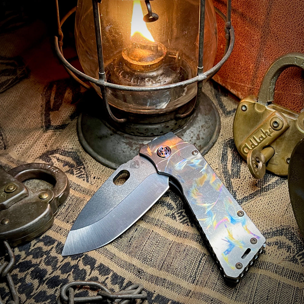 Medford Knife & Tool - TFF-1 - S45VN Tumbled Blade Tumbled Multi Color Bird of Paradise Handles Violet HW Clip