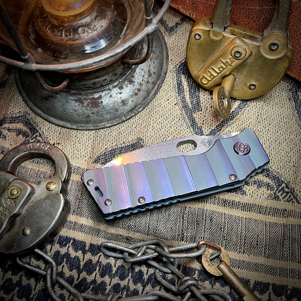 Medford Knife & Tool - TFF-1 - S45VN Tumbled Blade BB/Cement w/Brsh/Vio Armadillo Handles Violet HW Brsh/Vio Clip