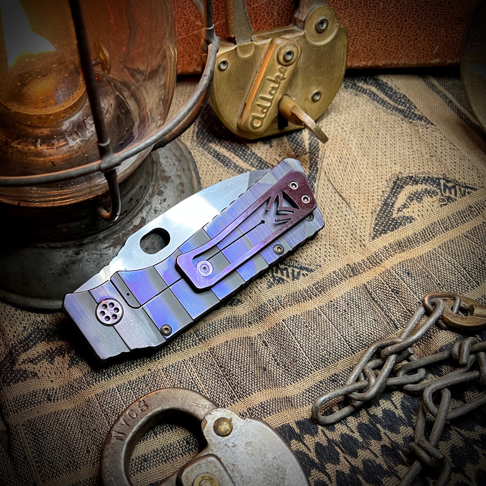 Medford Knife & Tool - TFF-1 - S45VN Tumbled Blade BB/Cement w/Brsh/Vio Armadillo Handles Violet HW Brsh/Vio Clip