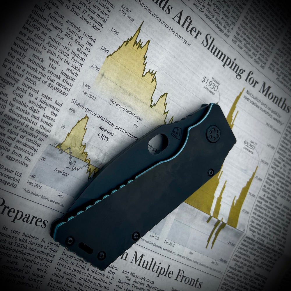 Medford Knife & Tool - TFF-1 - S35VN PVD Blade PVD w/Aqua Pinstriped Handles PVD HW/Clip