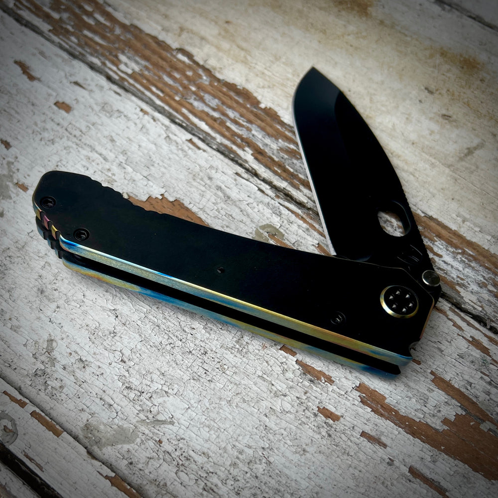 Medford Knife & Tool 187 DP - 2 Tumbled Blade PVD w/Pin Flamed Ano Perimeter Handles HW & Clip