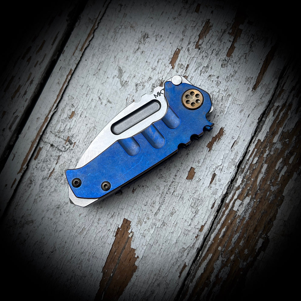 Medford Knife & Tool Micro T - S45VN Tumbled Tanto Blade Blue w/Brz Pin Handles Bronze HW Brsh/Brz Clip NP3 Breaker