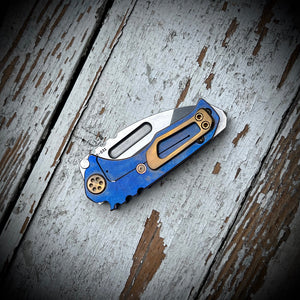 Medford Knife & Tool Micro T - S45VN Tumbled Tanto Blade Blue w/Brz Pin Handles Bronze HW Brsh/Brz Clip NP3 Breaker