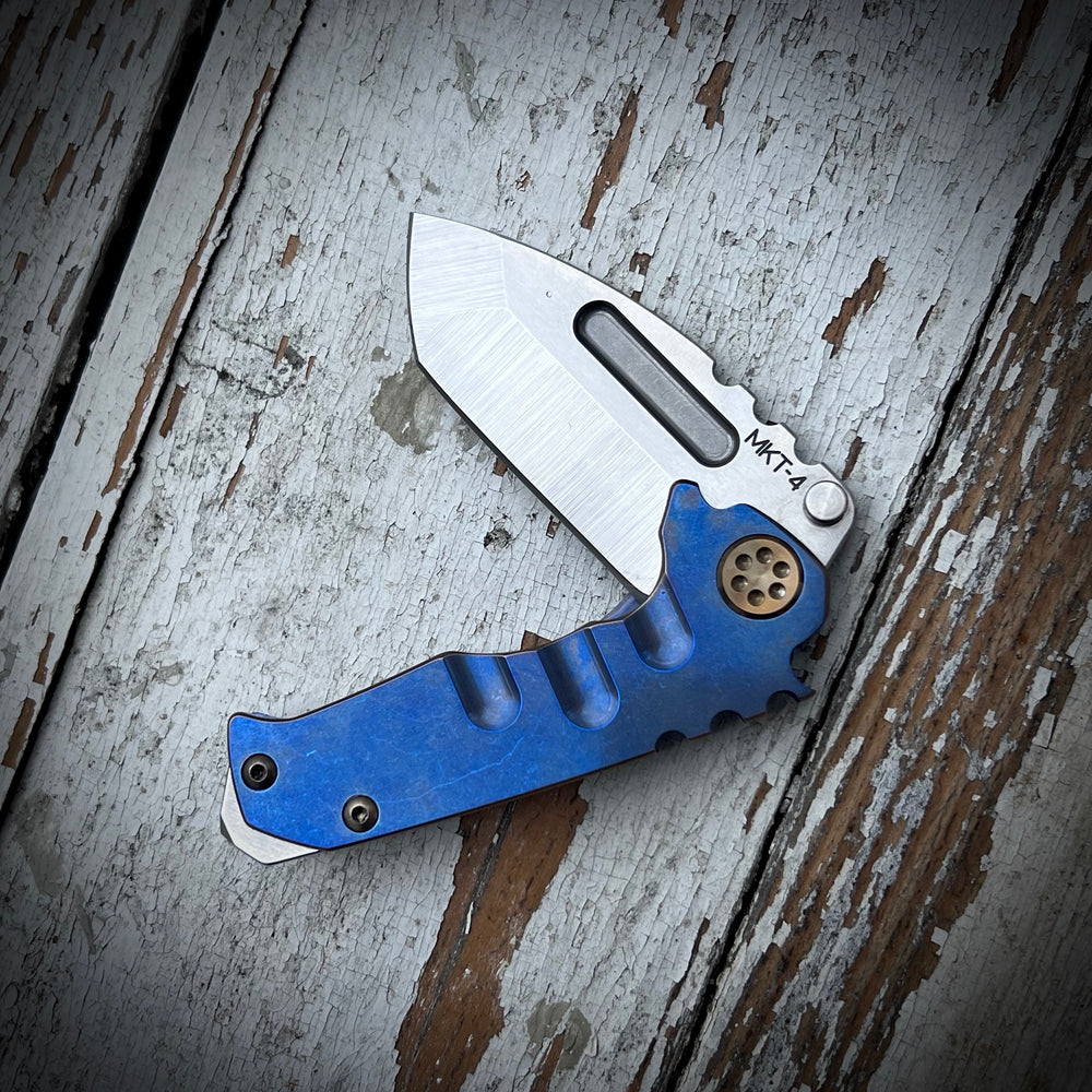 Medford Knife & Tool Micro T - S45VN Tumbled Tanto Blade Blue w/Brz Pin Handles Bronze HW Brsh/Brz Clip NP3 Breaker