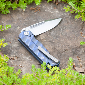 Medford Proxima - S35VN Blade Steel Tumbled Blade Finish Standard Grind Blue Anodized "Lightning" Handles Standard Hardware  Clip