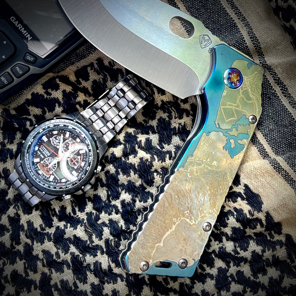 Medford Knife & Tool - TSH Topo Series TFF-1 - S35VN Tumbled Blade Tumbled "Pearl Harbor" Handles Flamed HW Clip