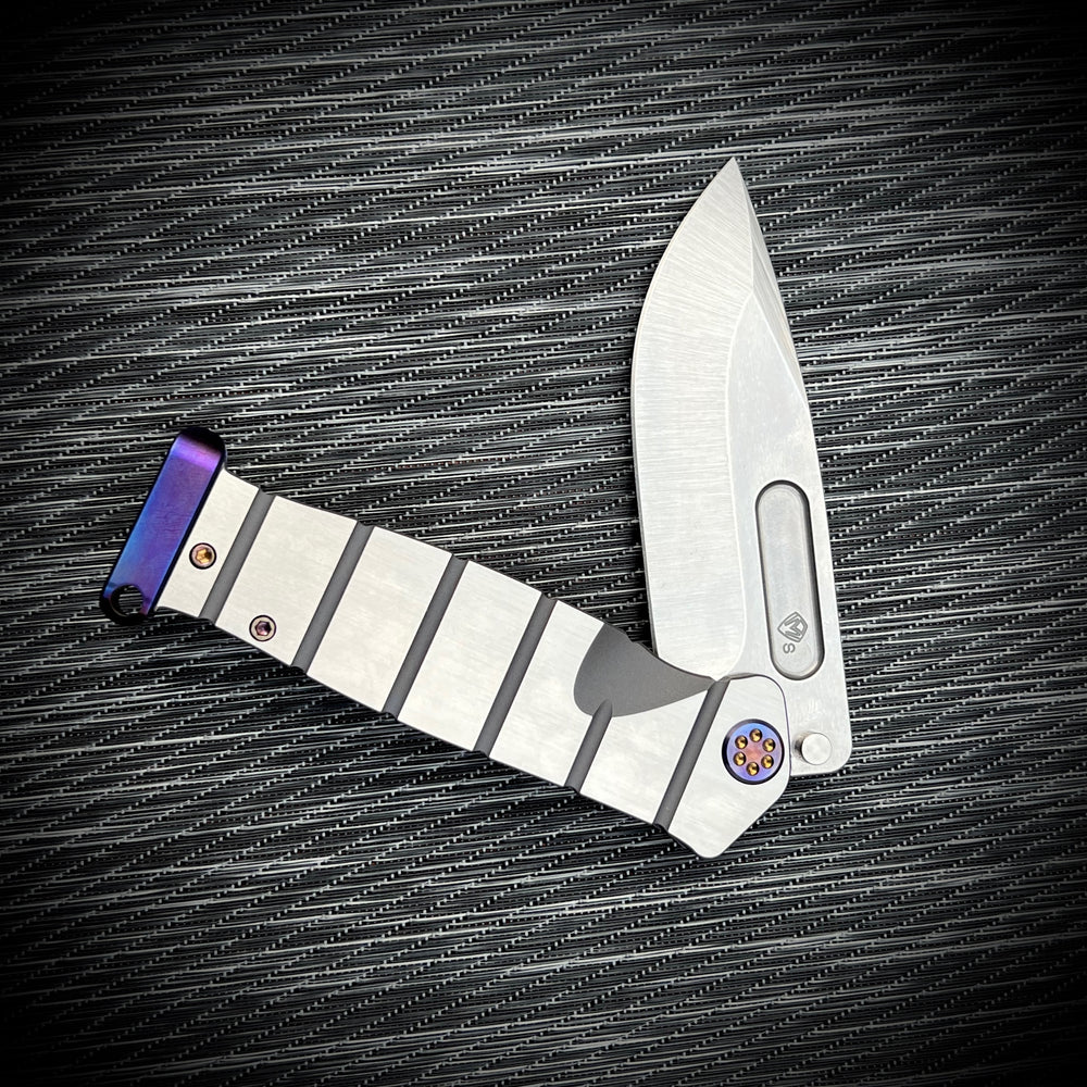 Medford USMC Fighter Flipper - S35VN Tumbled Blade BB/Blue w/Faced Silver Flats Handles Flm HW Brsh/ Blue Clip Brsh/Flm Pommel