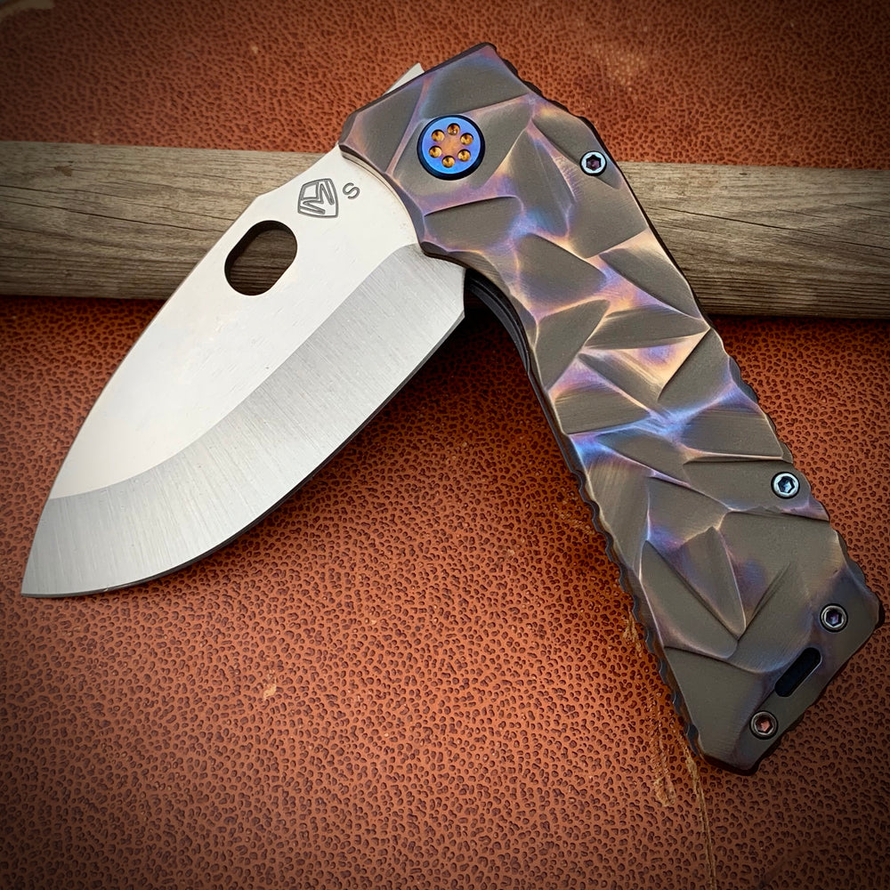 Medford TFF-1 FD - S35VN Blade Steel Tumbled Blade Finish Standard Grind Silver/Bronze/Blue Large Reticulated Sculpted Handles Standard Hardware Flamed and Faced Clip
