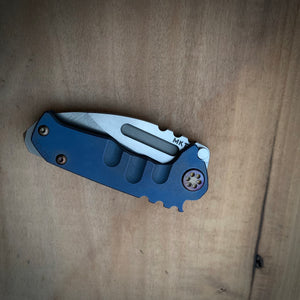 Medford Knife & Tool Micro Praetorian T - S35VN Tumbled Drop Point Blade Bright Ano Blue Handles Flamed Hardware Brushed/Flamed Clip NP3 Breaker