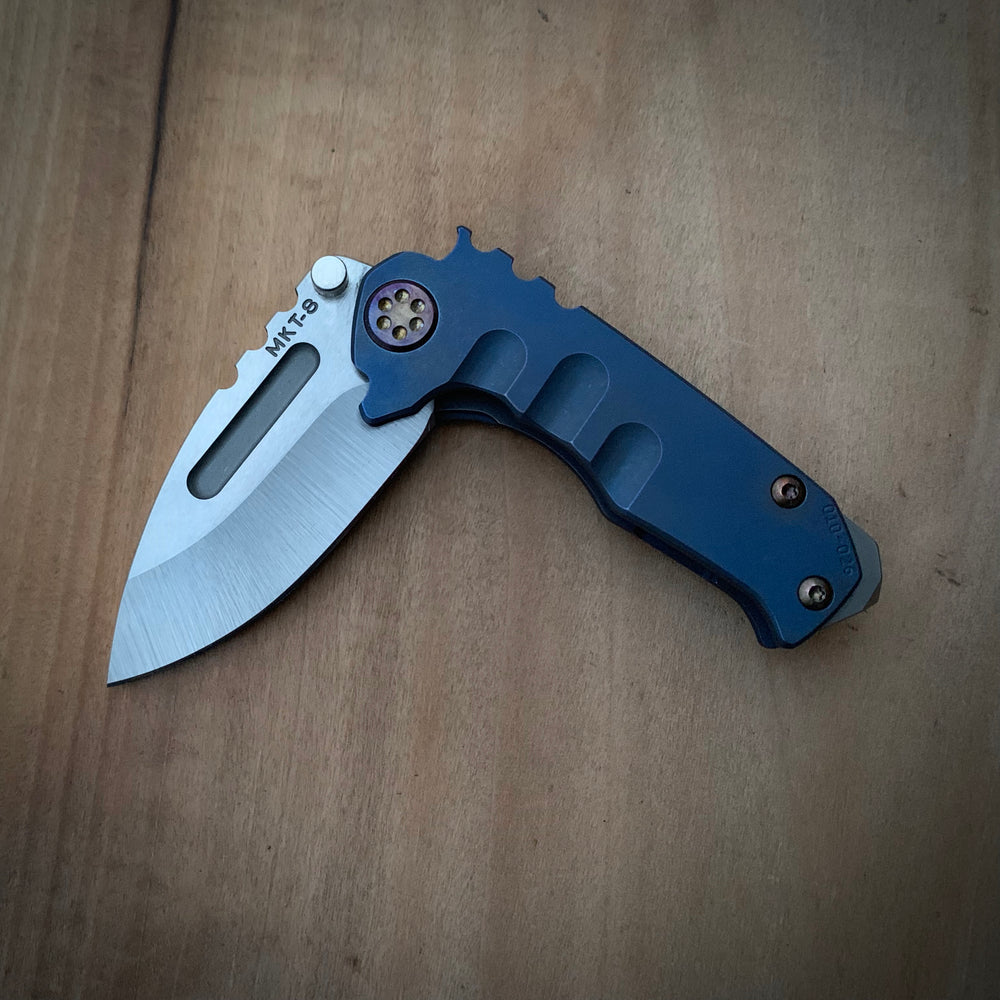Medford Knife & Tool Micro Praetorian T - S35VN Tumbled Drop Point Blade Bright Ano Blue Handles Flamed Hardware Brushed/Flamed Clip NP3 Breaker