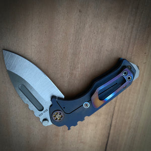 Medford Knife & Tool Micro Praetorian T - S35VN Tumbled Drop Point Blade Bright Ano Blue Handles Flamed Hardware Brushed/Flamed Clip NP3 Breaker