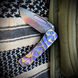 Medford Knife & Tool - Midi Marauder - S35VN Vulcan Tanto Blade Violet w/Brushed/Bronze Flats "Stained Glass" Handles Violet HW/Clip Maker's Breaker