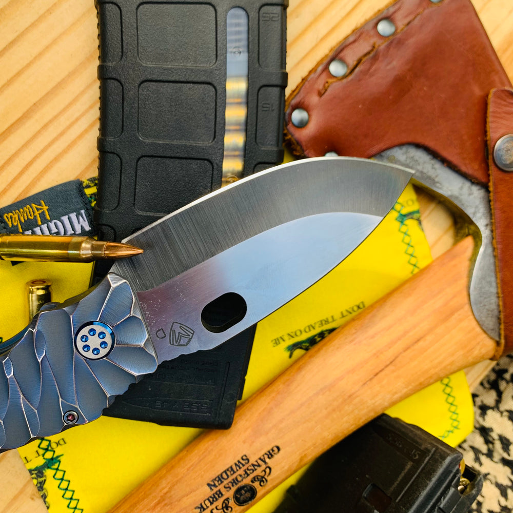 Medford TFF-1 Fat Daddy- D2 Vulcan w/Satin Flats Blade, Blue w/Brsh Silver Peaks "Predator" Handles, Blue HW w/ Brsh/Silver Pivots, Blue Clip w/Brsh/Silver Flats