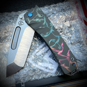 Medford Knife & Tool - Midi Marauder S35VN Tumbled Tanto Blade Tumbled w/Multi Color "Birds of Paradise" Handles Blue HW/Clip