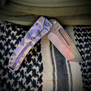 Medford Knife & Tool - Midi Marauder - S35VN Vulcan Tanto Blade Violet w/Brushed/Bronze Flats "Stained Glass" Handles Violet HW/Clip Maker's Breaker